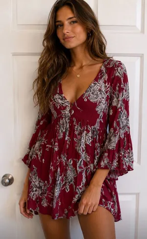 ENTRO Boho Floral V-Neck Tunic Dress in Burgundy, S thumbnail 1