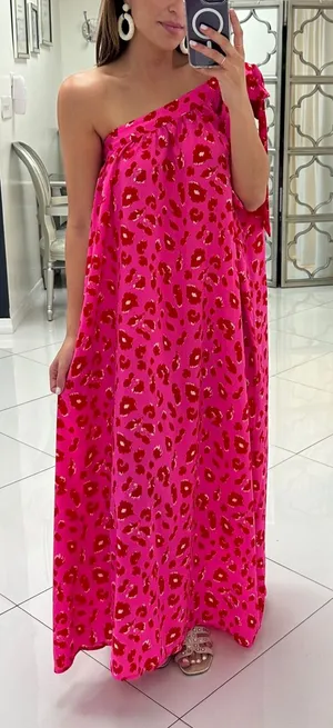 Jodifl hot pink and red leopard print one-shoulder flowy fit maxi dress M thumbnail 1