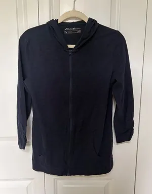 Eddie Bauer Outdoor Navy Blue 100% Cotton Ruched 3/4 Sleeve Zip Up Hoodie M thumbnail 1