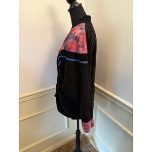 Vintage 80s/90s Black Corduroy Wearable Art Jacket Pink Paisley Frog Closures thumbnail 6