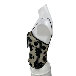 Lioness Basic Instinct Beige Black Velvet Floral Sleeveless Mesh Camisole Top XS thumbnail 2