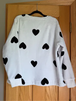 LOFT Faux Fur Plush Heart Crewneck Sweatshirt White Black L Large thumbnail 3