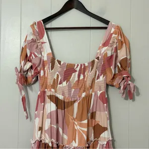 The Girl and The Sun Everlight Leaf Print Midi Dress Puff Sleeve Smocked Size L thumbnail 7