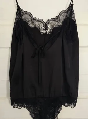 Free People Black Satin Lace-Trim Chemise thumbnail 1