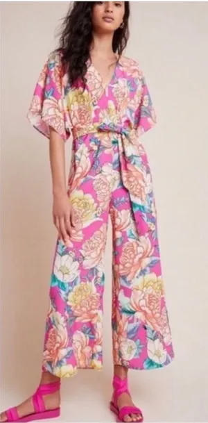 Farm Rio Anthropologie Eulalie pink floral Wide-Leg Jumpsuit size XS thumbnail 1