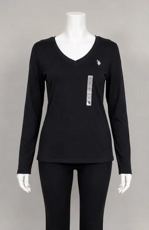 US Polo Assn Womens Black V-Neck Long‎ Sleeve Cotton T-Shirt Logo Large Capsule thumbnail 1