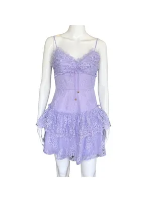 Angel Biba Sleeveless Tiered Shimmer Lace Floral Mini Dress Lavender Purple Size thumbnail 6