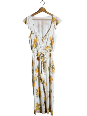 For Love & Lemons Limonada Tie-Front Jumpsuit Women's Medium White Lemon Print thumbnail 6