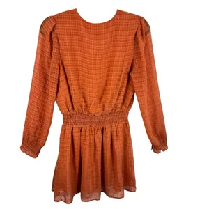 NSR Orange Plaid Long Sleeve Smocked Waist Lined Lightweight Mini Dress‎ Size M thumbnail 2
