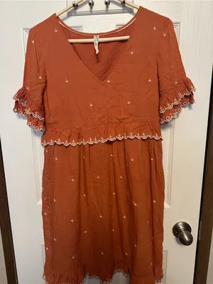 Anthropologie Coral Orange V‑Neck Midi Dress with Eyelet Trim thumbnail 3