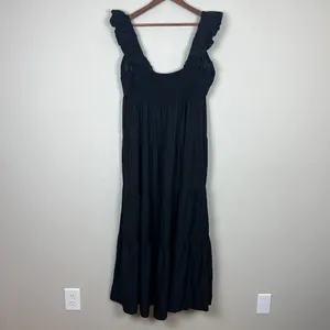 Jason Wu‎ Maxi Dress Womens Large Black Tiered Linen Blend Pleated A-Line L FLAW thumbnail 15