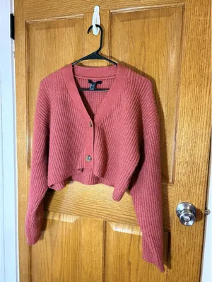Forever 21 Cropped Knot Cardigan Women’sLarge Rust Red Button Front Cozy Sweater thumbnail 4