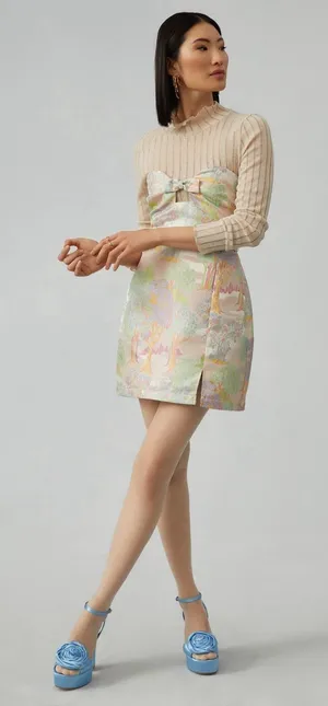 Anthropologie Maeve Strapless Bow Mini Dress Pastel Cutout‎ Tree Floral NWT 10 thumbnail 1