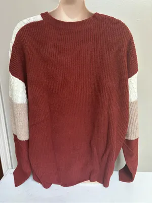 Colorblock Cable-Knit Crewneck Sweater in White, Taupe & Rust thumbnail 2