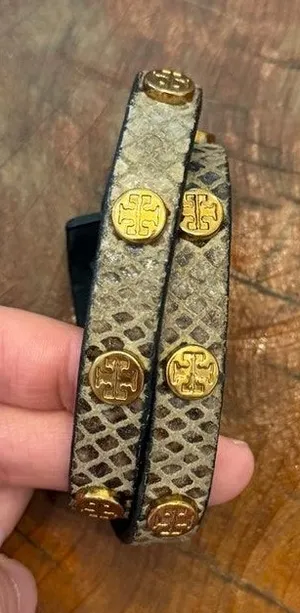 Tory Burch Grey Leather Snakeskin Embossed Gold Logo Rivet Wrap Bracelet thumbnail 1