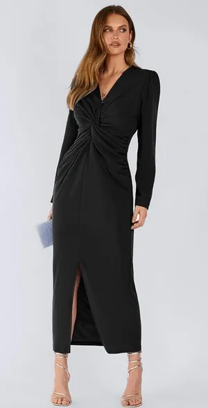 PRETTYGARDEN Women's Spring Fall Fashion Long Puff Sleeve Maxi Dresses V Neck Twist Front Formal Dress with Slit thumbnail 5