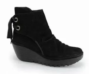Fly London Yama‎ black suede leather wedge ankle boots women's size 41 *flawed* thumbnail 1