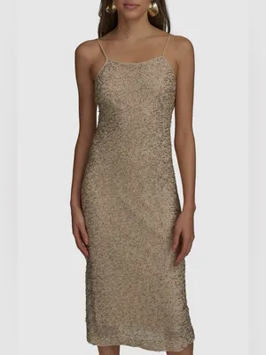 Donna Karan New York Bugle Beaded Slip Dress in Champagne Gold, Size M, NWT thumbnail 11