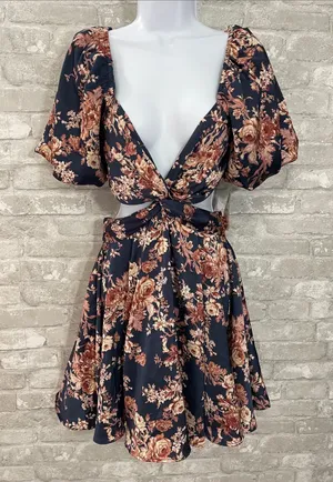 Altar'd State Annmarie Navy/Brown Floral Cutout Dress thumbnail 1