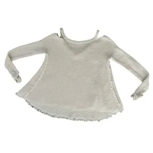 Free People Women’s Waffle Knit Top Moonshine Cold shoulder Raw‎ Hem thumbnail 3
