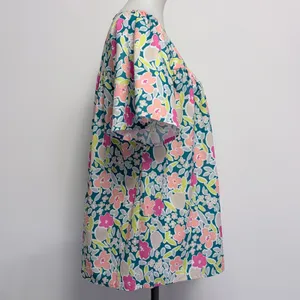 Jodifl Floral Babydoll Blouse M Teal Pink Orange Short Sleeve Boho Spring thumbnail 4