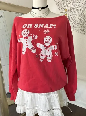 Nordstrom NWT Oh Snap Holiday Off the Shoulder Graphic Fleece Sweatshirt M Gingerbread Men thumbnail 1