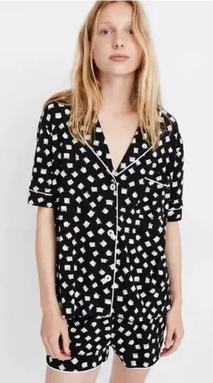 Madewell Black Cream Cat Print Shorts‎ Pajama Set thumbnail 1