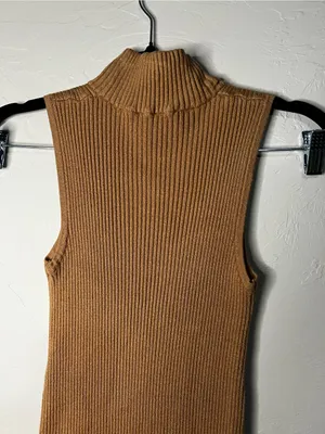 M Magaschoni Camel‎ Ribbed Knit Mock Neck Side Slit Midi Sweater Dress thumbnail 9