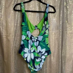 Aerie Green Blue Tropical‎ Floral Knot Front Cutout One Piece Swimsuit Medium thumbnail 2