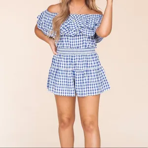 ✨ Catch Up Off Shoulder Gingham Set✨ Blue Size L thumbnail 5