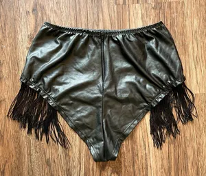Body Rage Black Faux Leather Fringe Bikini Cut Bottoms Shorts Sz Large thumbnail 2