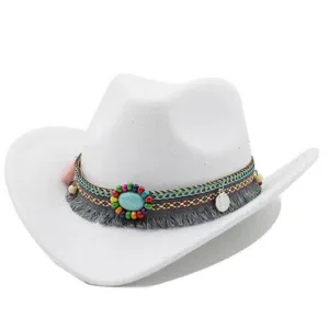 White Western Cowboy, Cowgirl Hat, Bead Tassle Strap, Men Women Retro Wide Brim‎ thumbnail 1