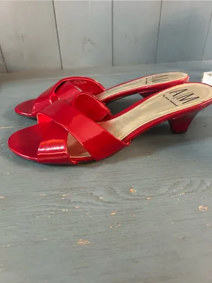 A/M by Eva Martino Red Patent Leather Crisscross Low Heel Mules | Size 9.5 thumbnail 3