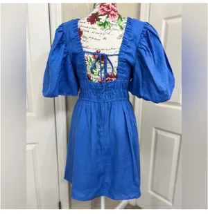 Amalie - linen plunge puff sleeve mini linen dress in blue thumbnail 4