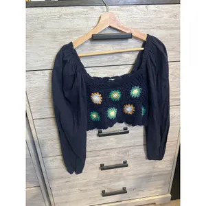 Aerie Navy Blue Crochet Granny Square Floral Puff Sleeve Crop Top Small thumbnail 2