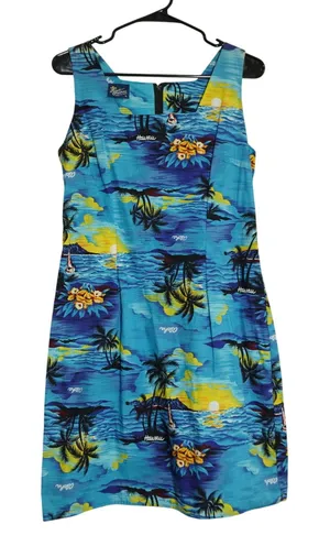 Royal Creations Hawaii Women's Shift Dress Large Blue Tropical Palm Tree Cotton thumbnail 1