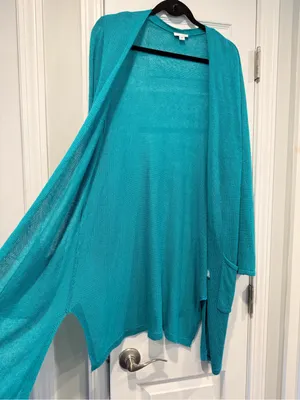 J. Jill Size M Turquoise Linen Blend Lightweight Open Front Duster Cardigan thumbnail 4