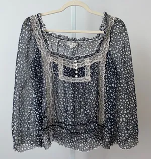 Do & Be Heart Print Lace Trim Babydoll Coquette Fairy Sheer Blouse S Navy thumbnail 1