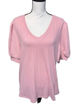 Women's Pink V-Neck Short Sleeve Puff Sleeve Shirt Dressy thumbnail 1