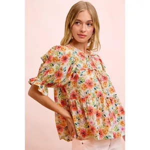BiBi Flower‎ Printed Shirring Detail Blouse Top - Flower - Large thumbnail 2