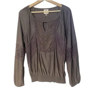 Knox Rose Blouse Top Purple Crochet Lace Peplum Long Sleeve Keyhole Peasant Med thumbnail 1
