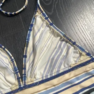 L.E.I. 90s Y2K Swim Top Small Striped Blue‎ White Halter Triangle thumbnail 5