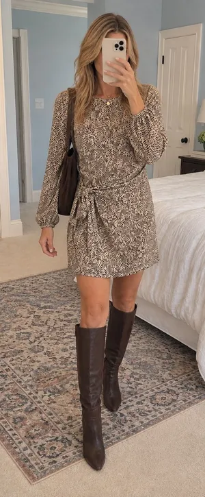 H&M Animal Print Tie Waist Long Sleeve Mini Dress Tan Black Size 10 NWT thumbnail 1