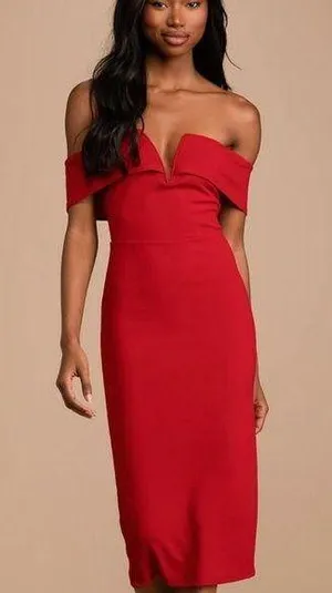Lulus My Favorite Night Red Off-the-Shoulder Bodycon Midi Dress SMALL thumbnail 1