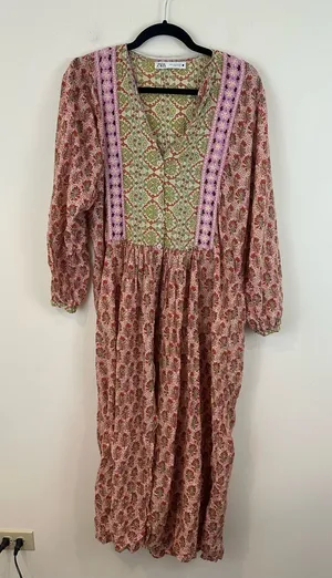 Zara Pink Floral Boho Midi Dress with Lavender Crochet Trim Midi Length Small thumbnail 1