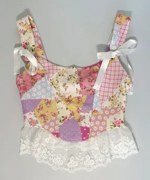 Pink Pastel Coquette Floral Patchwork Lace Bows Top Shirt Blouse Tee Size XS 🎀✨ thumbnail 1