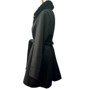 Faux Fur Collar Black Trench Coat Coquette Dark Academia Old Money Wool Blend XL thumbnail 2