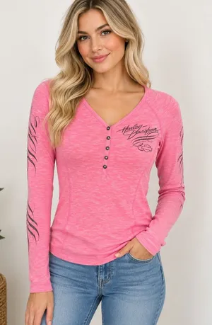 Harley-Davidson Women’s XS Pink Henley Long Sleeve Motorcycle Graphic Top thumbnail 1