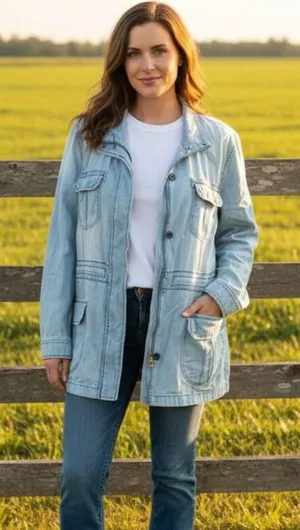 St Johns Bay Women M Chambray Blue Utility Jacket Lightweight Drawstring Waist thumbnail 1