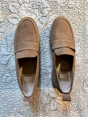 💥 Eileen Fisher Max Nubuck Leather Wedge Platform Loafers Taupe Sz 7 🧡 thumbnail 10